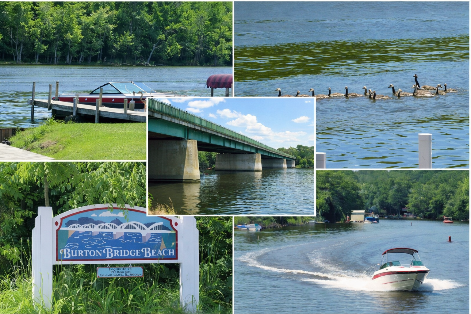 The Burtons Bridge span over the Fox River with beach and shoreline below