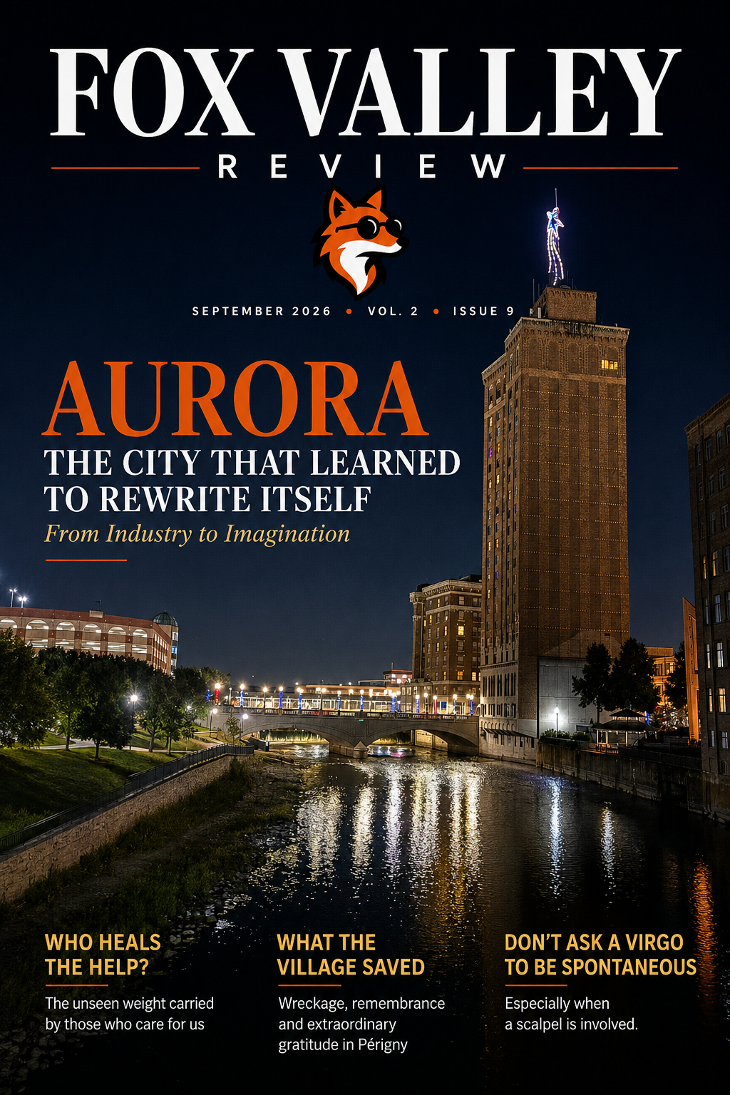 Fox Valley Review September 2026 cover featuring downtown Aurora and the Fox River at night